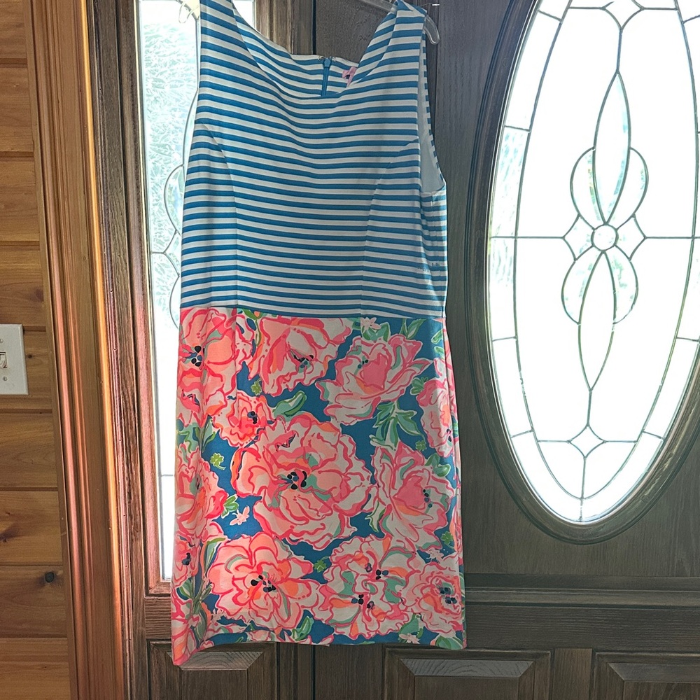 Lilly Pulitzer Blue Striped and Coral Floral Sleeveless Dress